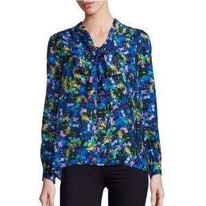 Milly Silk Blouse Size 6 Blue Abstract Tie Neck Academia Preppy Country Club